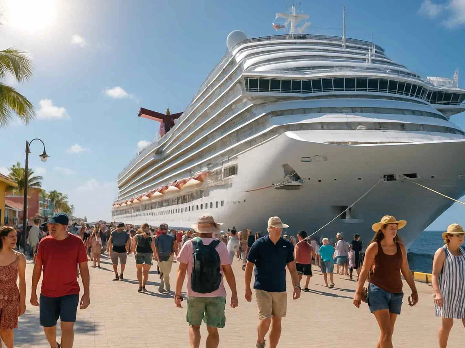 Cruise passengers walking along a sunny pier