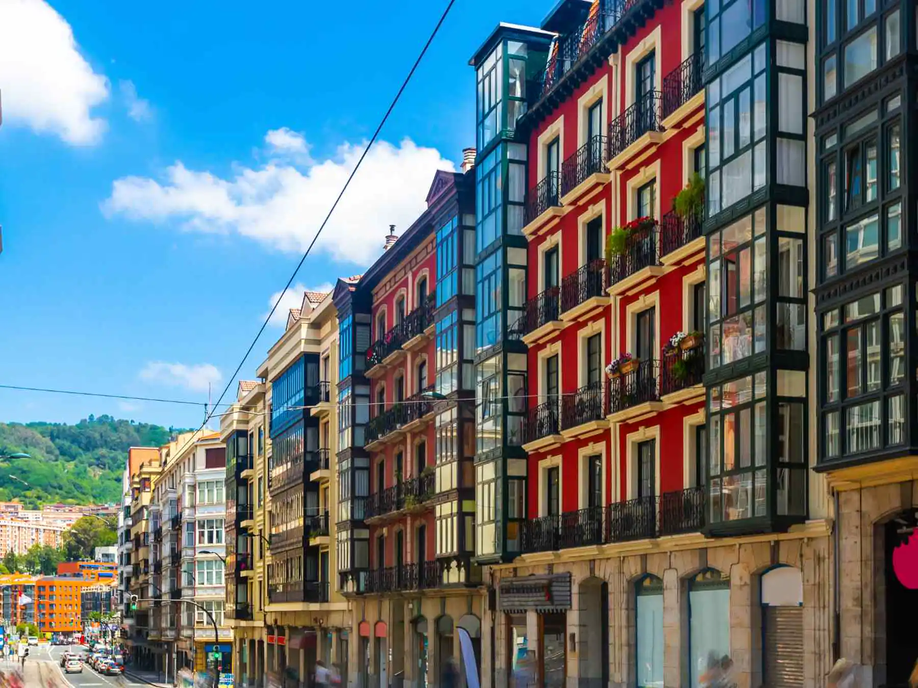 Colorful façades along a street in Bilbao's Old Town.