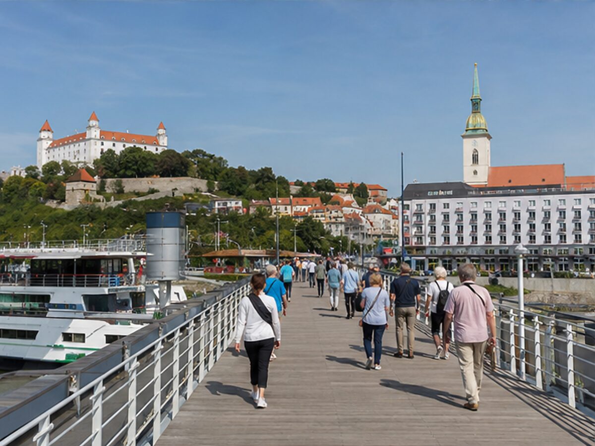 Passengers walking along the Bratislava river cruise dock below the castle, where the Danube cycle path begins