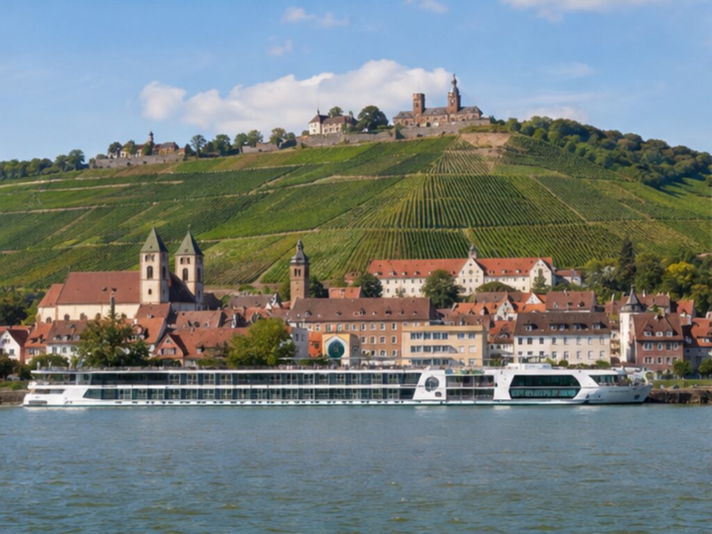 River cruise ship at Breisach with Rhine Valley vineyards and the old town above