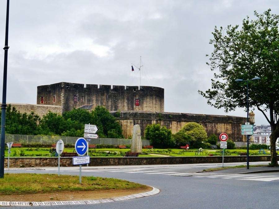 Stone walls and round tower of Brest Castle in Brittany