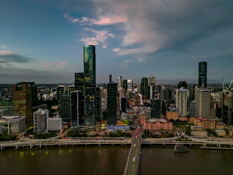 Brisbane skyline and the Brisbane River at dusk.
