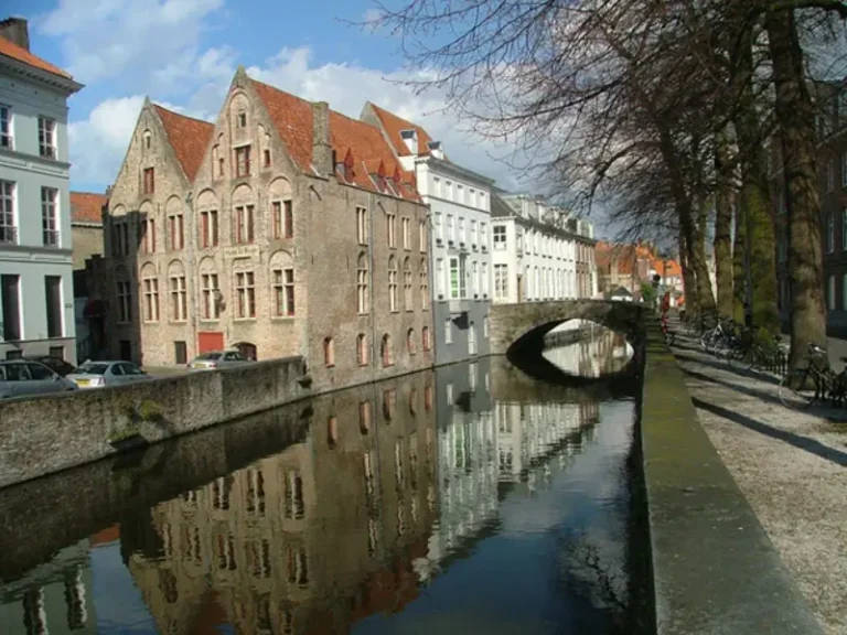 Historic canal and brick houses in Bruges, Belgium