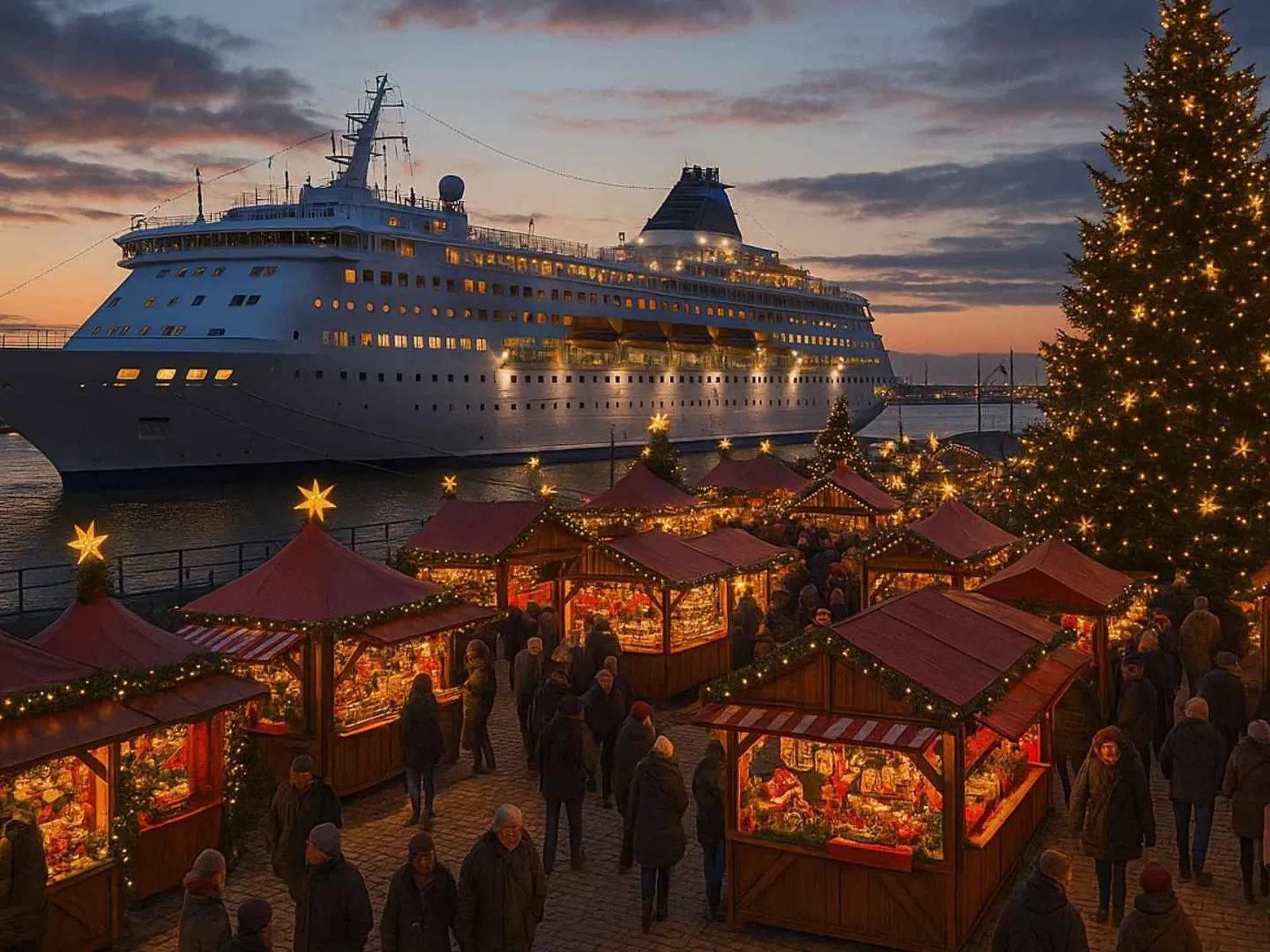 Christmas market stalls and a cruise ship at dusk
