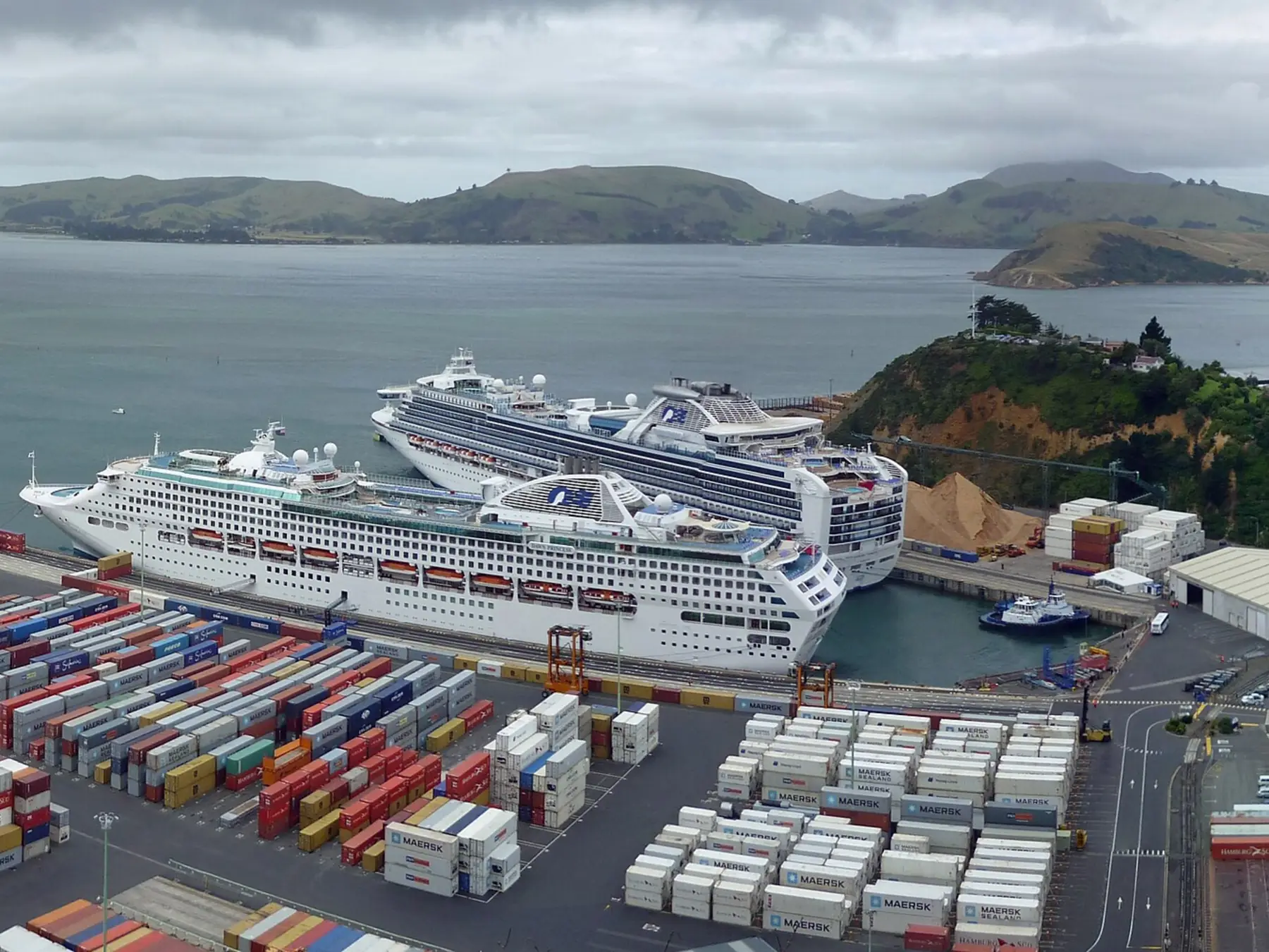 Cruise ships and port facilities at Port Chalmers on Otago Harbour.