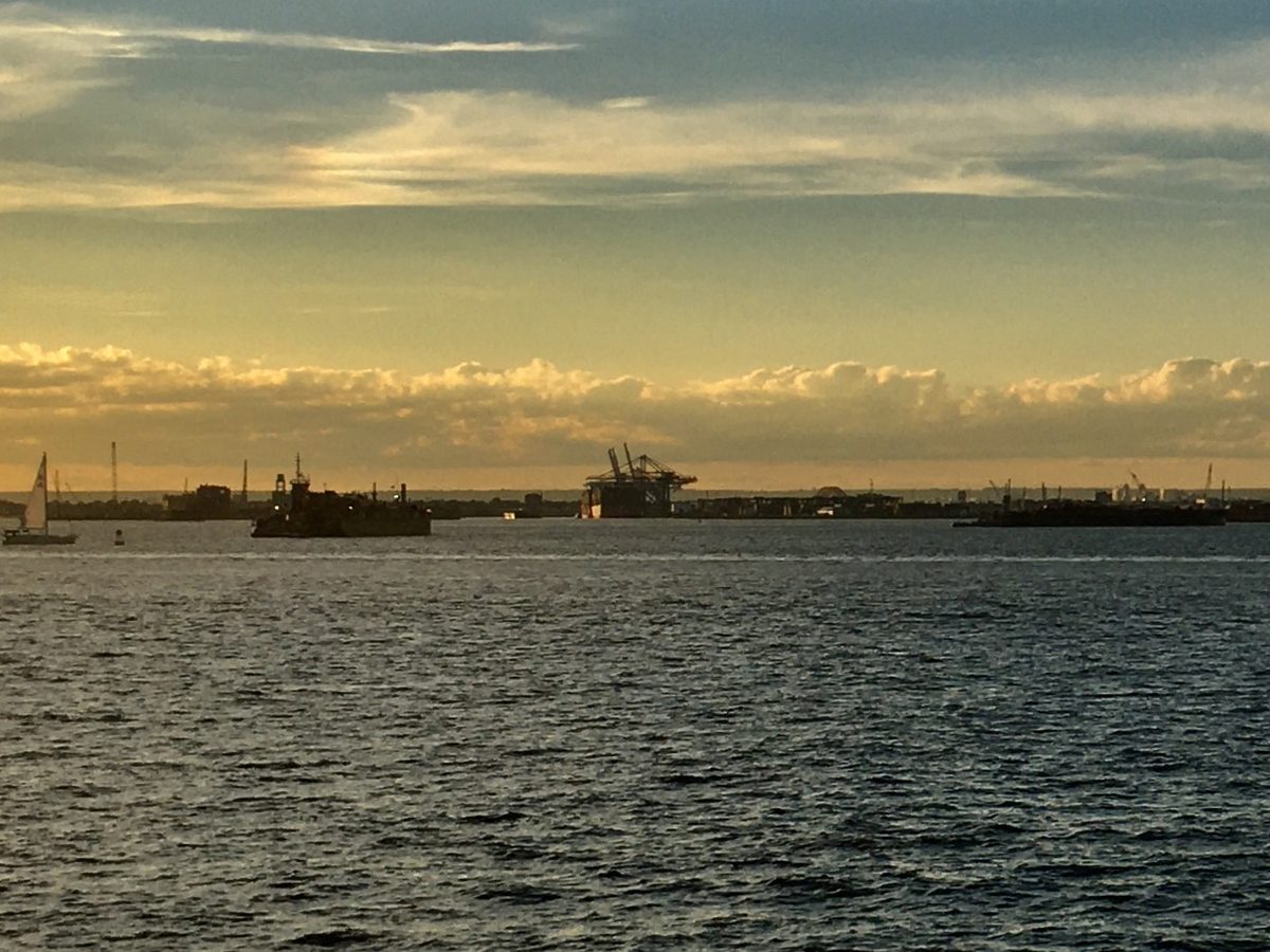 Cape Liberty Cruise Port and New York Harbor viewed from the Brooklyn waterfront