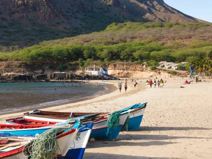 Fishing boats on a beach along the coast near Mindelo, Cape Verde