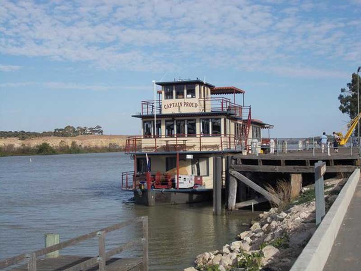 Captain Proud paddle boat moored at its Murray Bridge riverfront wharf