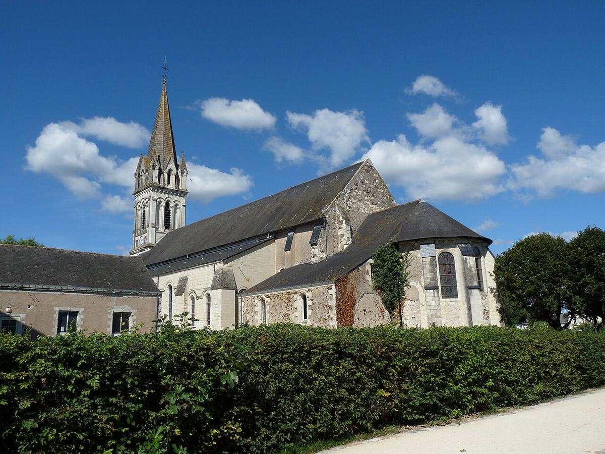 Exterior of Saint-Maurille church under a blue sky in Chalonnes-sur-Loire, France