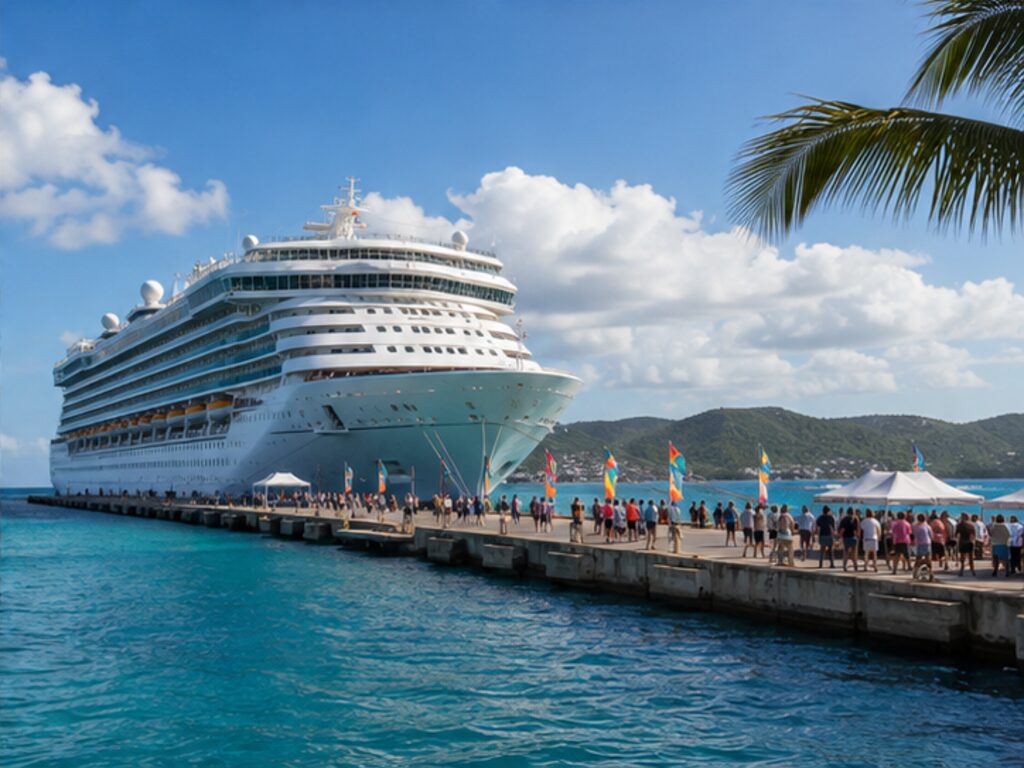 Chartered music cruise ship docked at a sunny Caribbean port