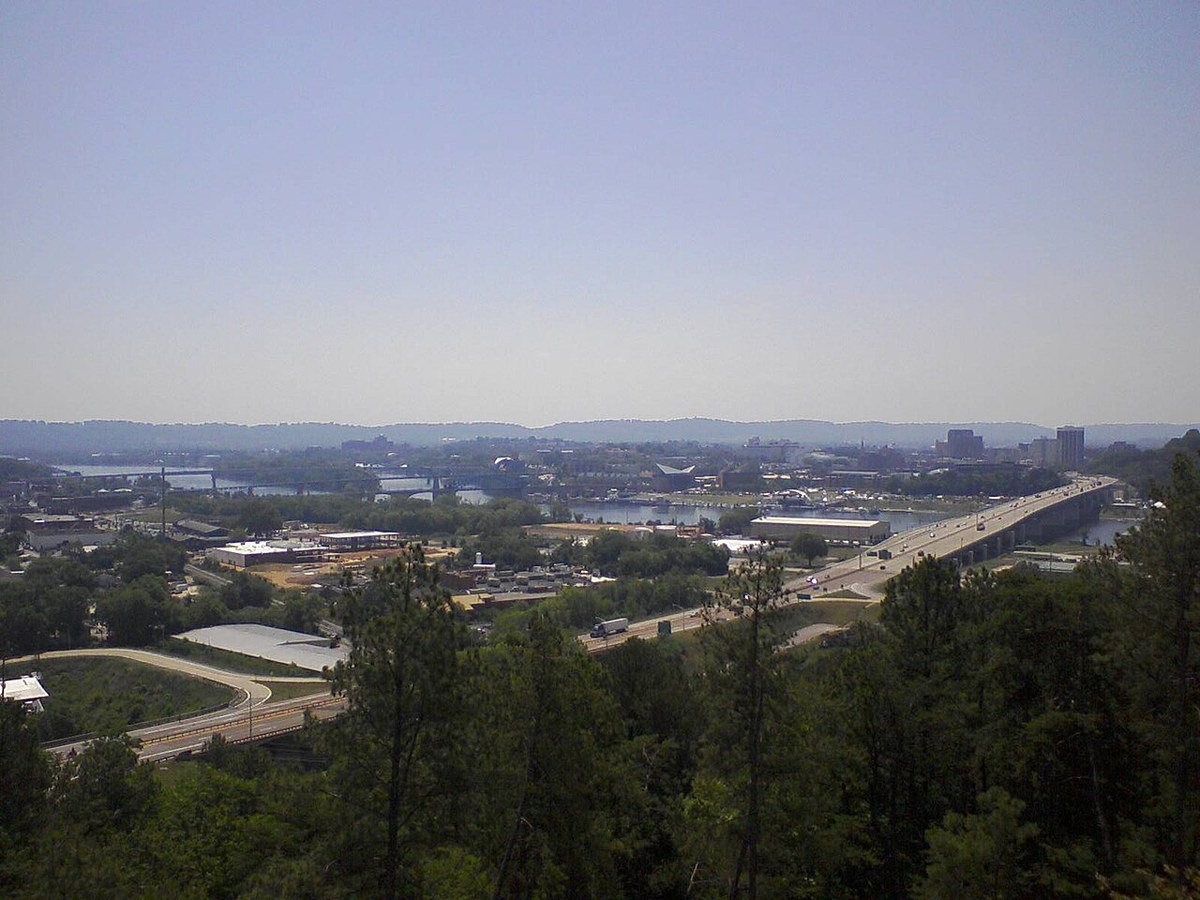 Wide view of the Tennessee River winding through Chattanooga