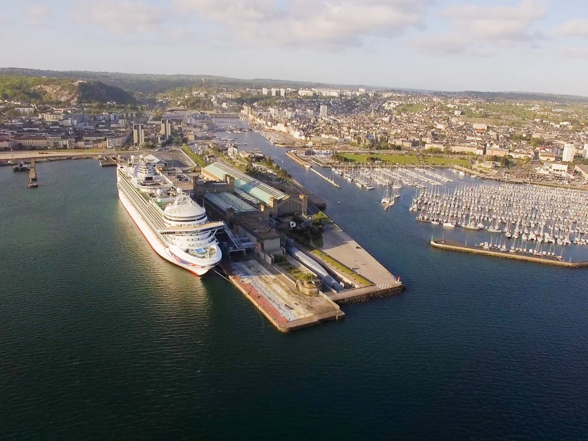 Cruise ship docked beside the terminal at Cherbourg cruise port in France