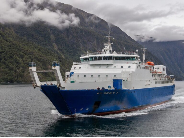 Working passenger and cargo ferry sailing through the Chilean Patagonia fjords