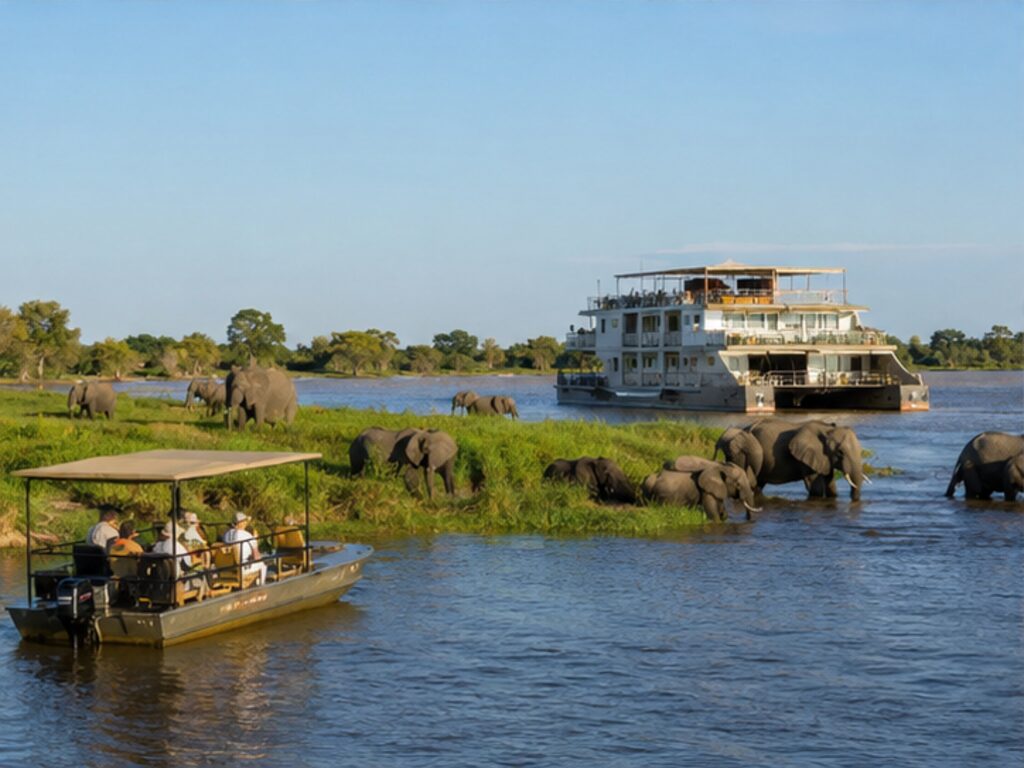 Safari boat viewing elephants along Botswana's Chobe River with a river lodge ship nearby