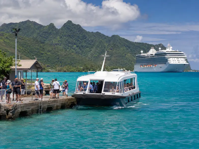 Cruise ship tender arriving at the harbor landing in Rarotonga, Cook Islands