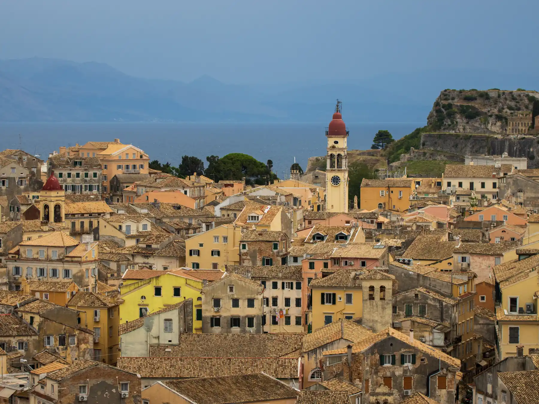 Aerial panorama of Corfu Old Town and the Ionian Sea