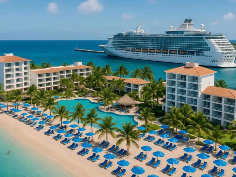 Beach resort and cruise ship viewed from above