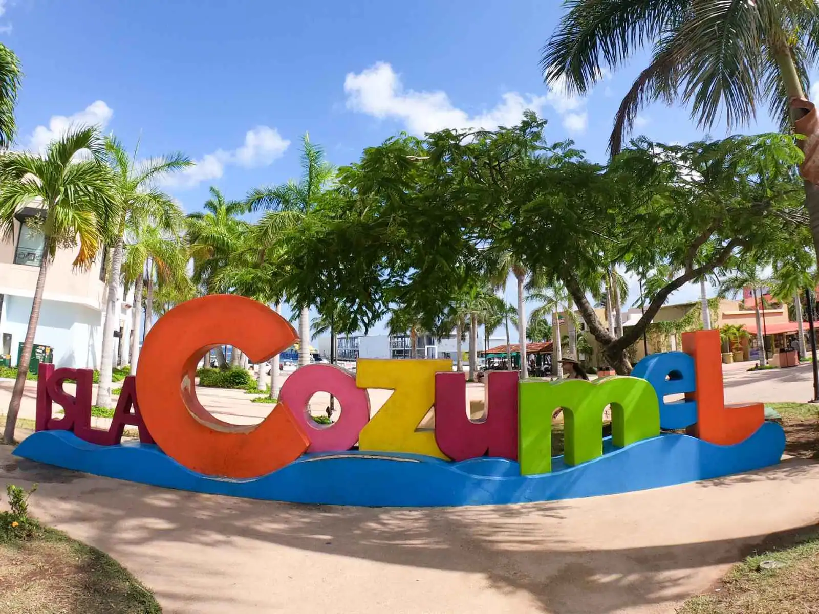 Colorful Cozumel sign in a palm-filled waterfront park