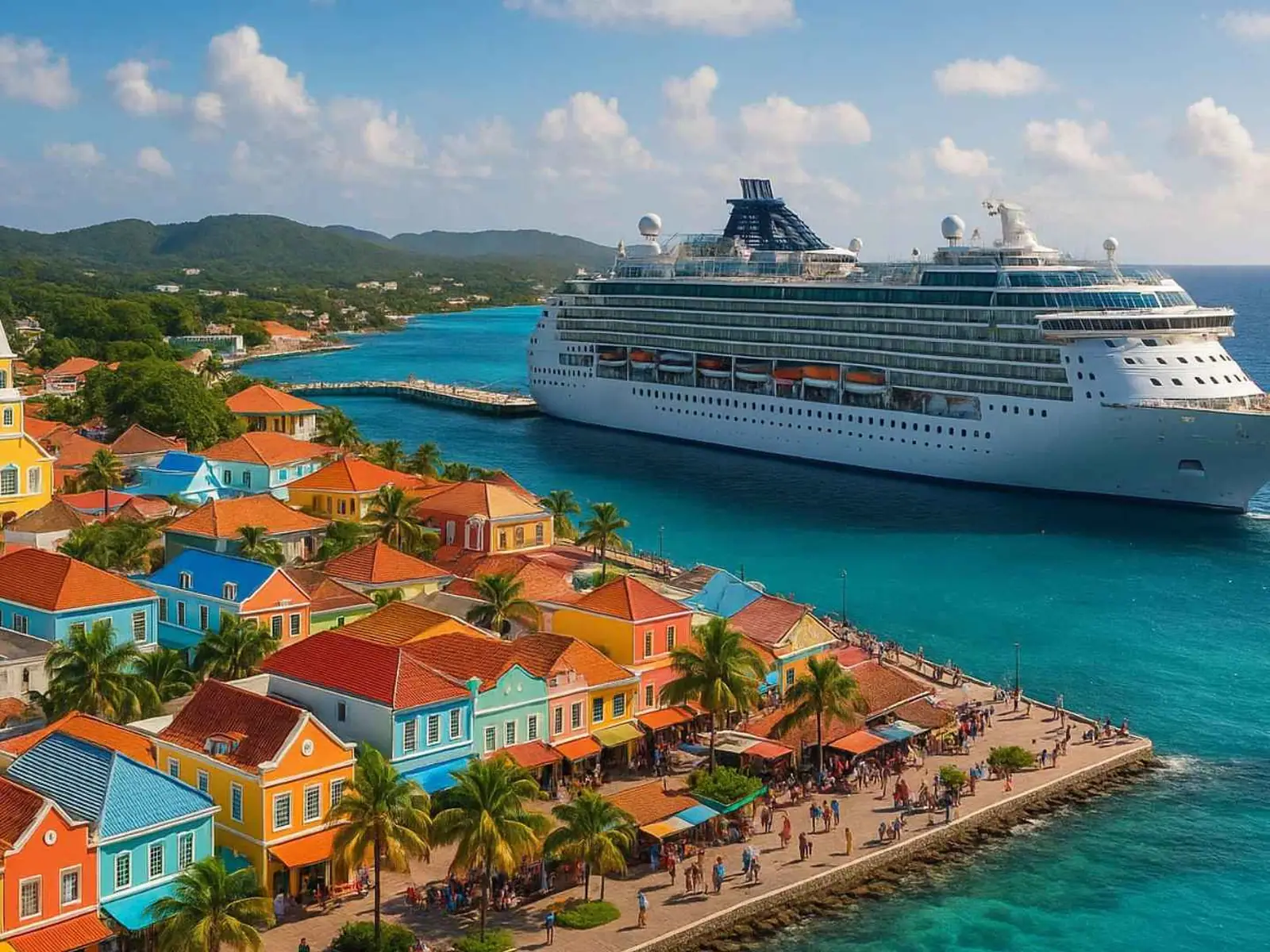 Cruise ship docked beside colorful Caribbean waterfront buildings