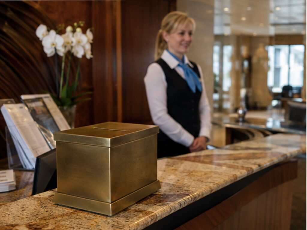 Discreet crew gratuity box at a river cruise ship reception desk