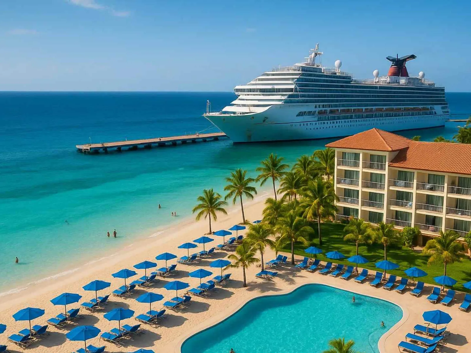 Cruise ship beside a palm-lined beach resort