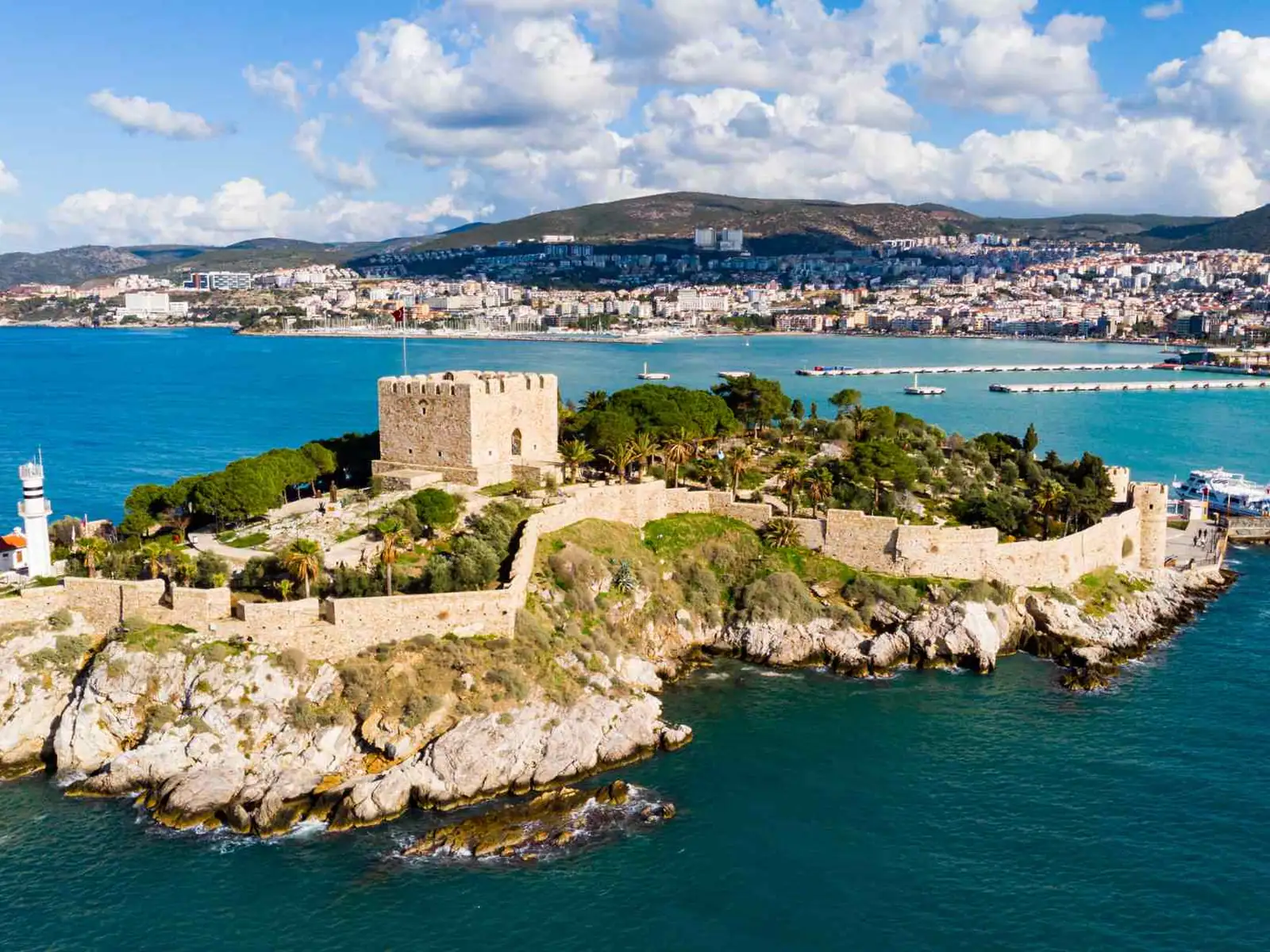 Kusadasi's Pigeon Island castle surrounded by turquoise water