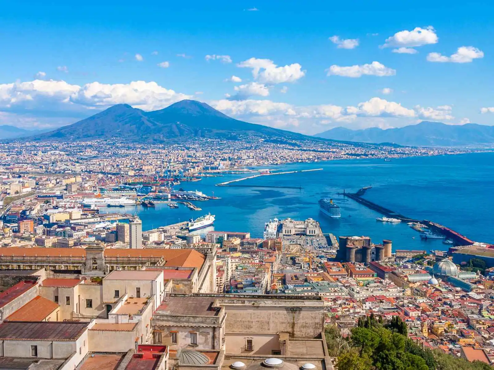 Naples waterfront and Mount Vesuvius viewed from above