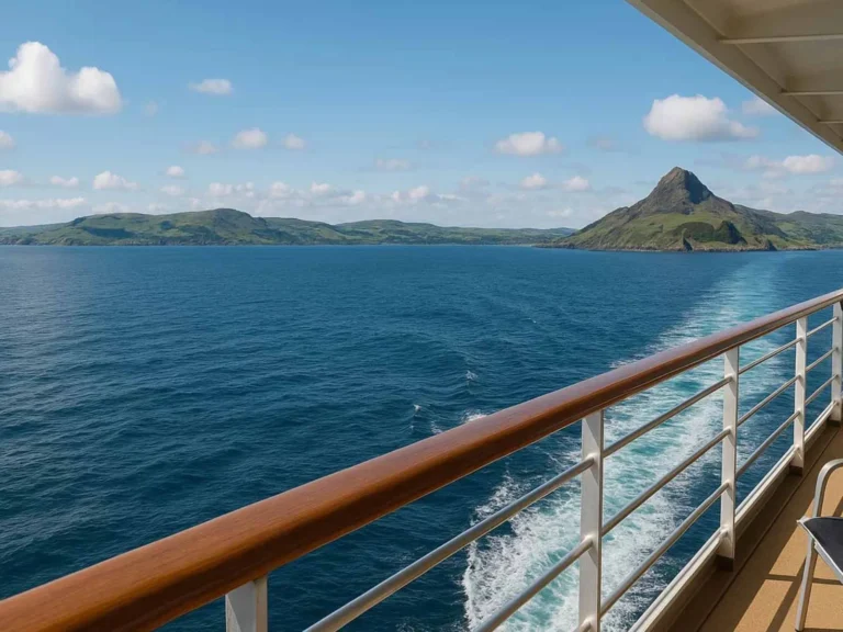 Rugged island coastline viewed from a cruise ship balcony