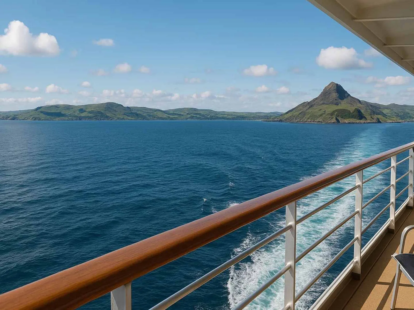 Rugged island coastline viewed from a cruise ship balcony