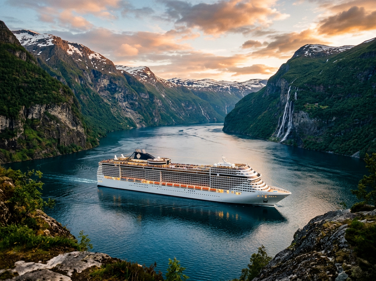 Large cruise ship sailing through a mountainous Norwegian fjord, illustrative of the Helgeland coast scenery