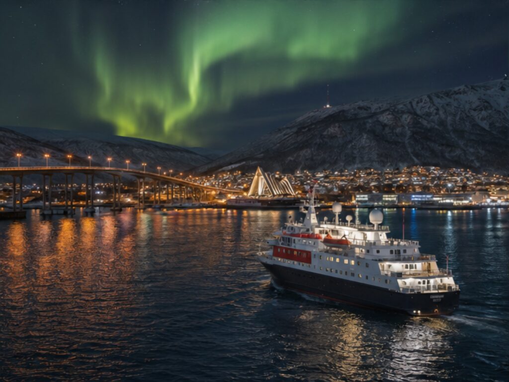 Coastal passenger ship approaching Tromso beneath the northern lights