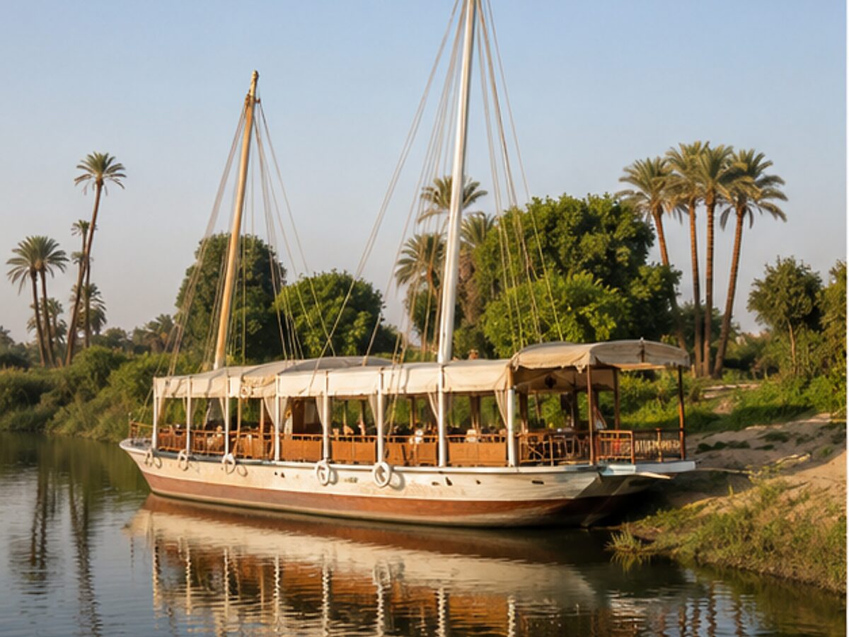 Quiet dahabiya moored beside a rural island on the Nile
