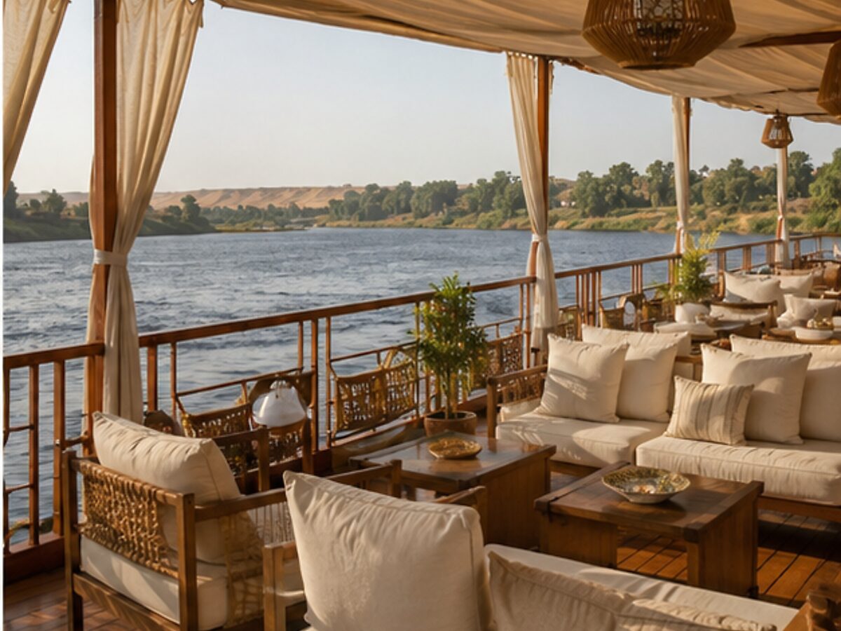 Comfortable shaded seating on the deck of a dahabiya overlooking the Nile