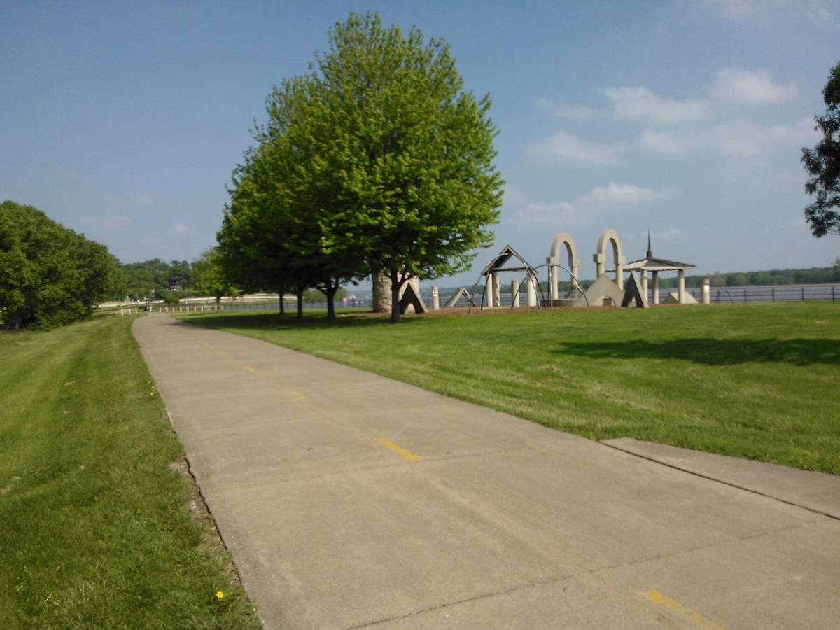 Riverfront Parkway trail and public art beside the Mississippi River in Davenport, Iowa