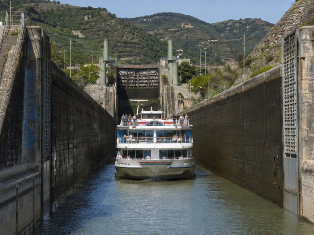 Douro river cruise ship rising inside the tall Carrapatelo lock in Portugal
