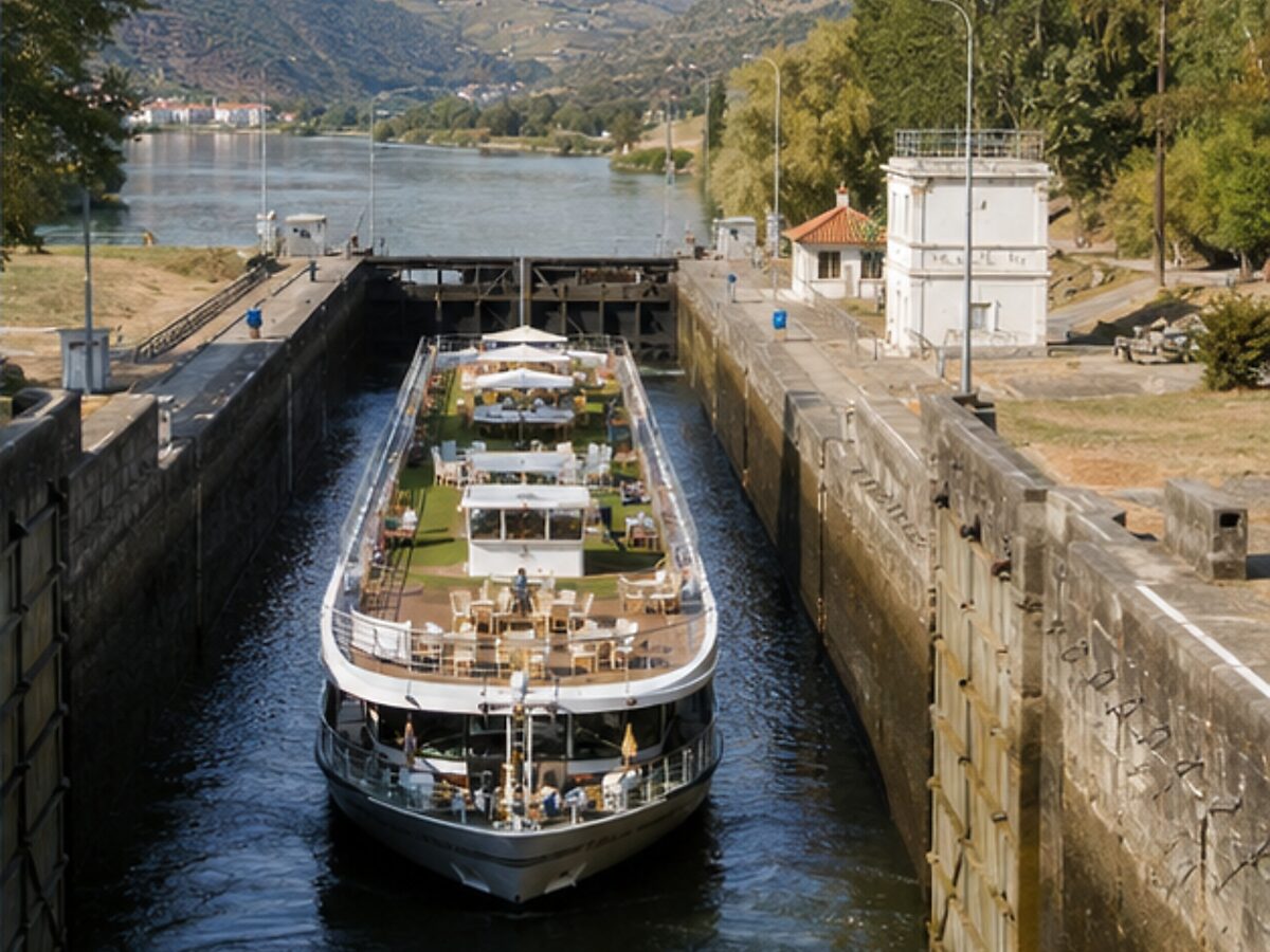 River cruise ship passing through a lock on the Douro River
