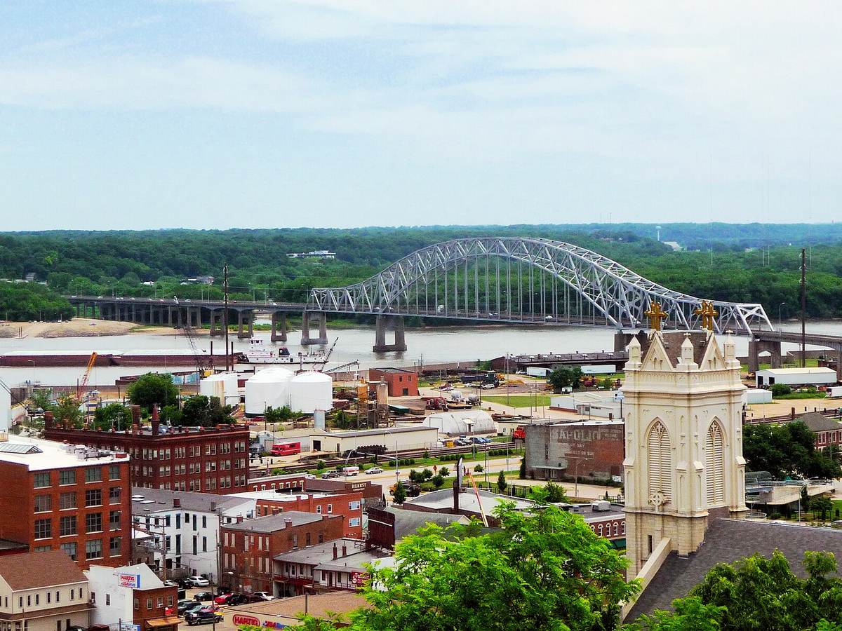 Downtown Dubuque with the Julien Dubuque Bridge over the Mississippi River