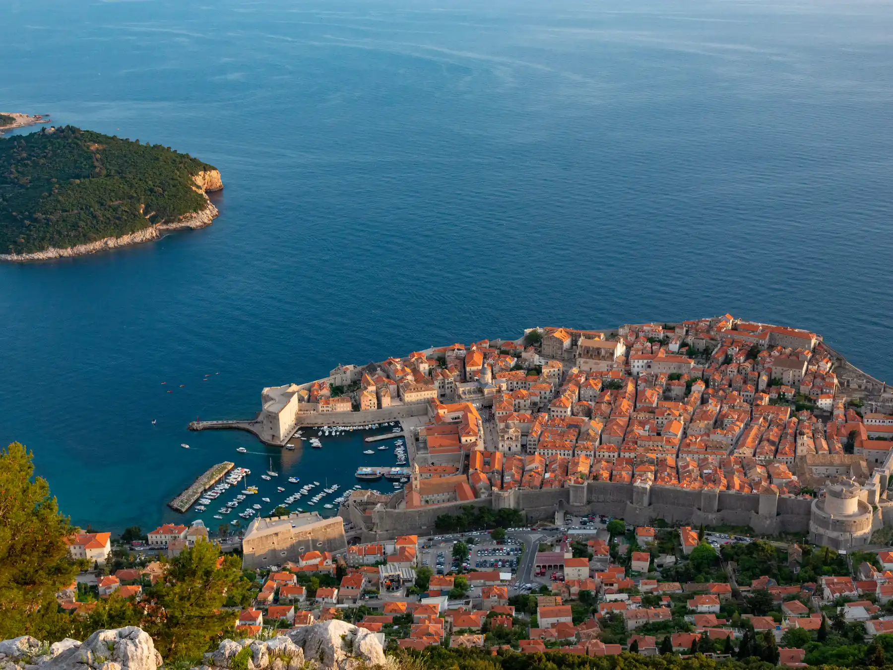 Aerial view of Dubrovnik Old Town walls and harbor