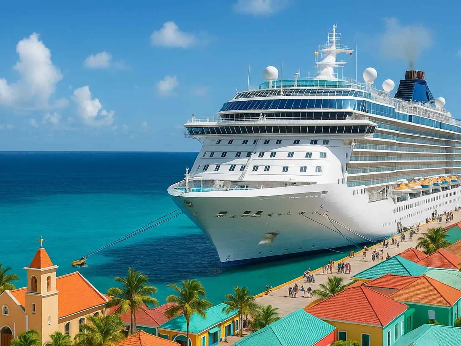 Cruise ship docked beside a Caribbean resort waterfront