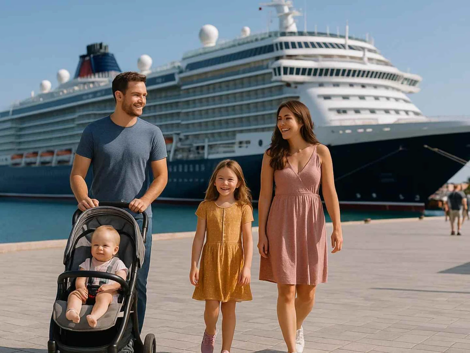 Family pushing a stroller through a cruise terminal