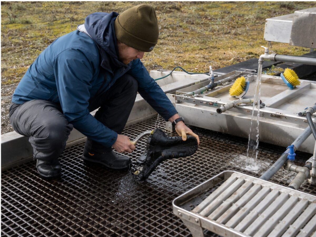 Traveler scrubbing expedition boots at a biosecurity wash station