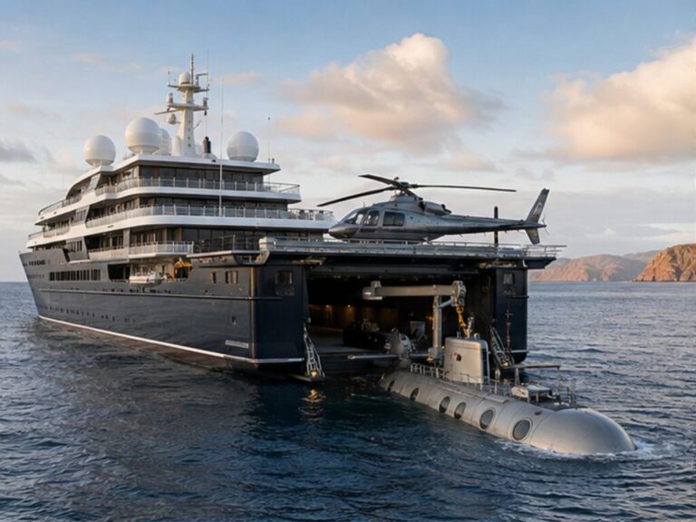 Luxury expedition cruise ship launching a small submarine with a helicopter on the aft deck