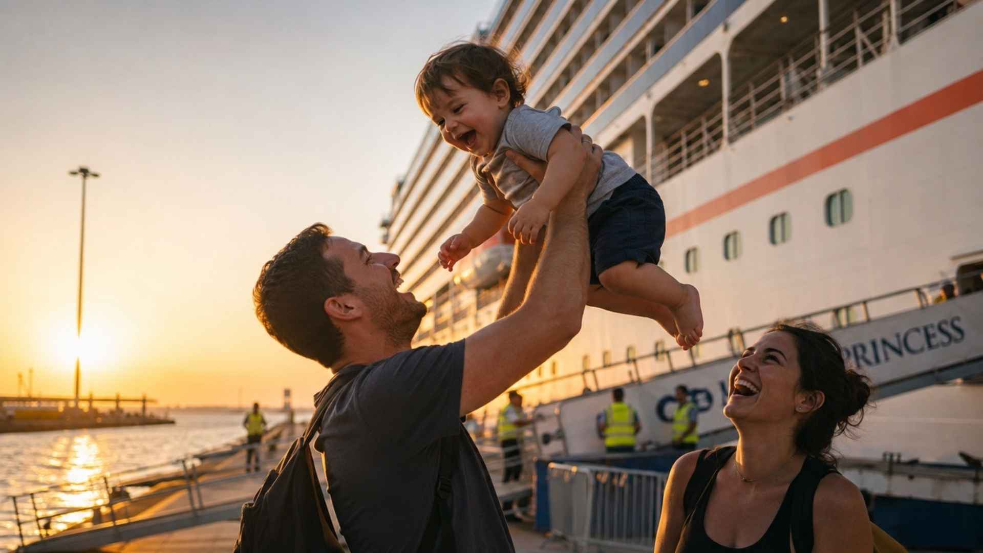 family with toddler at cruise port