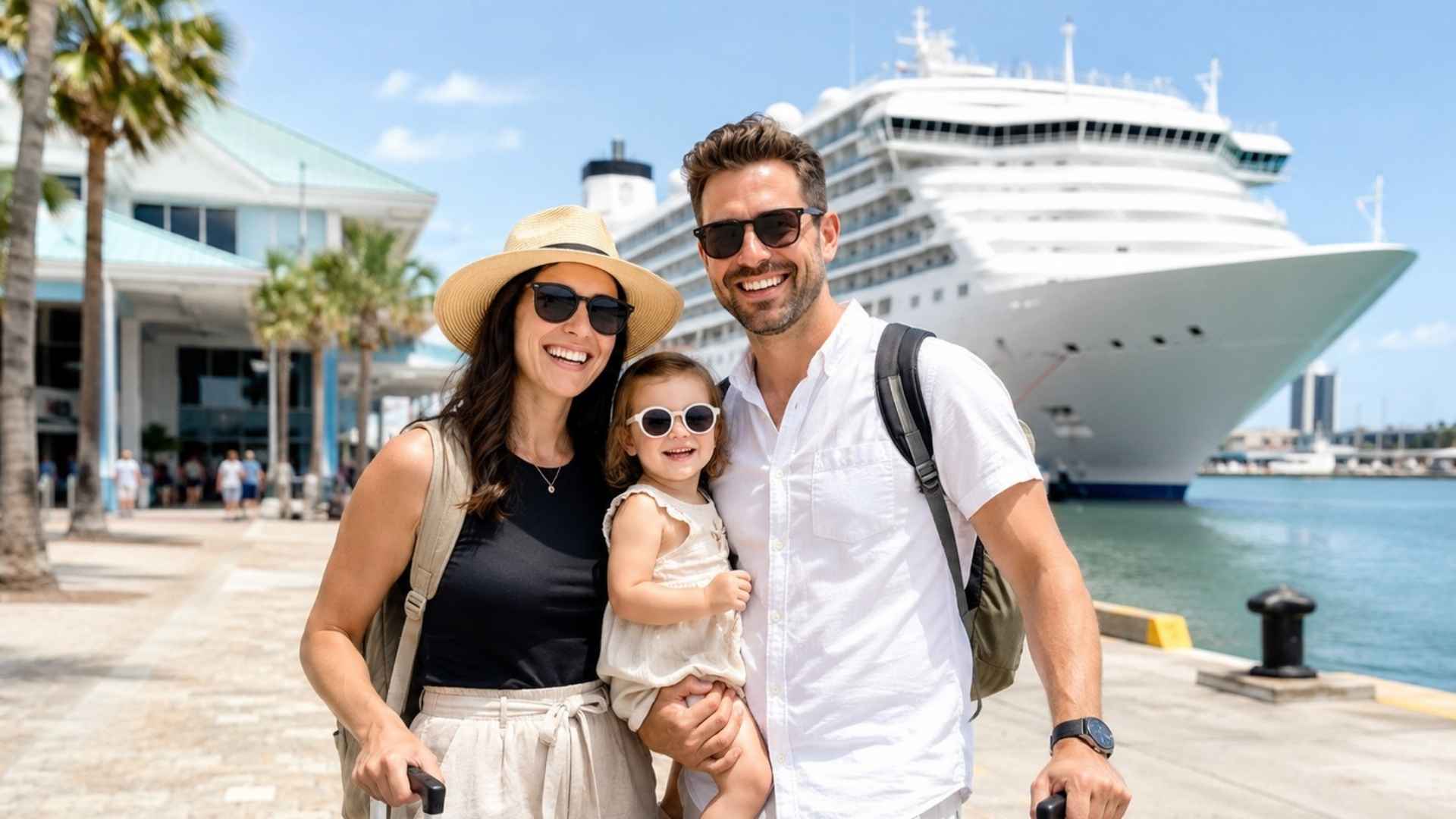 family with toddler at cruise port