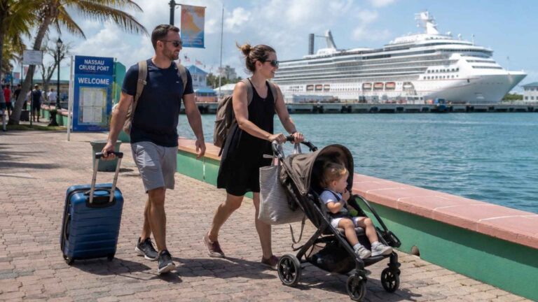 family with toddler at cruise port
