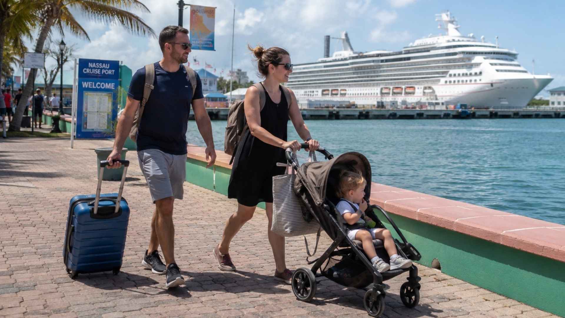 family with toddler at cruise port