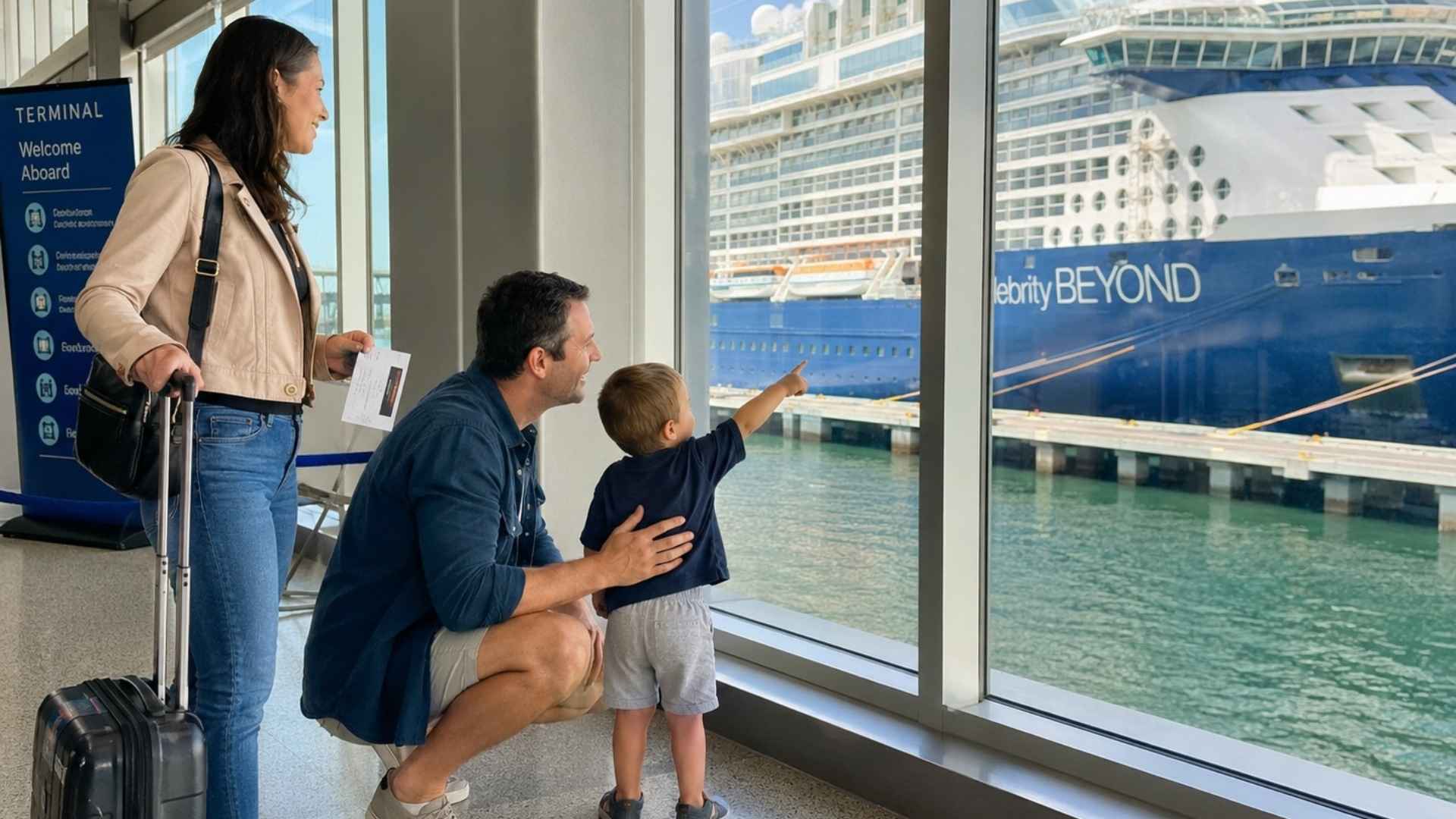 family with toddler at cruise port