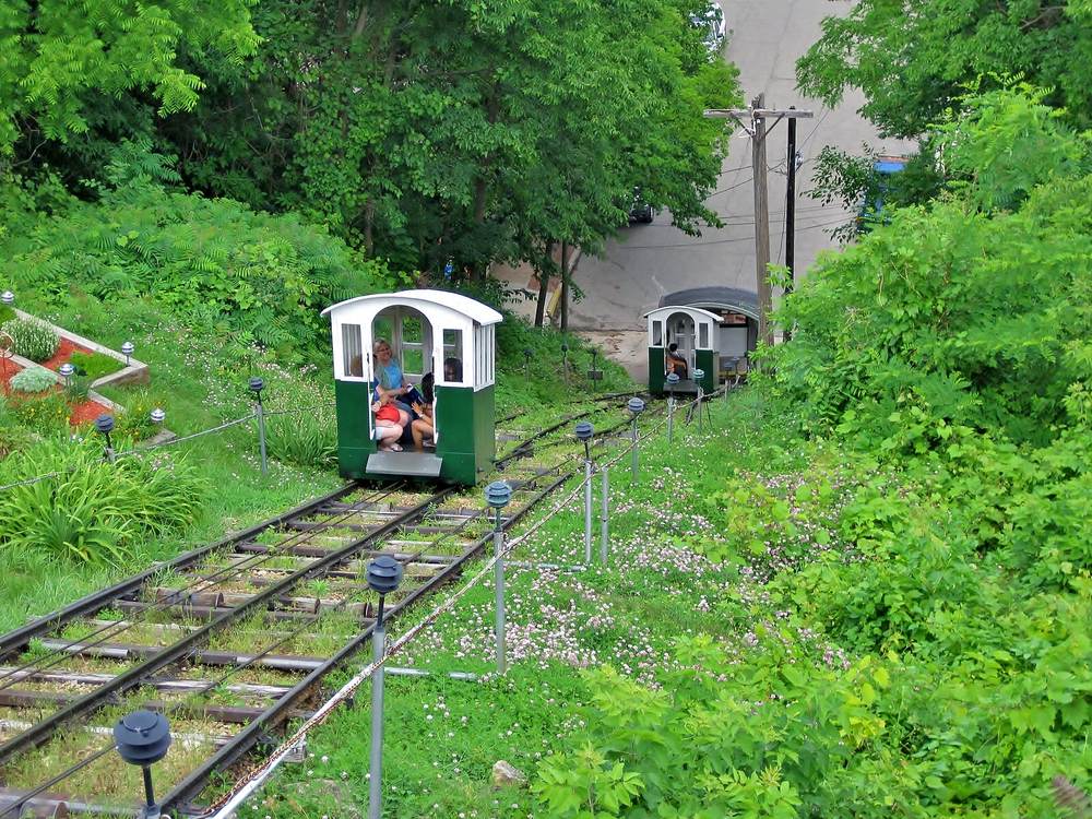 Fenelon Place Elevator funicular cars climbing the bluff in Dubuque