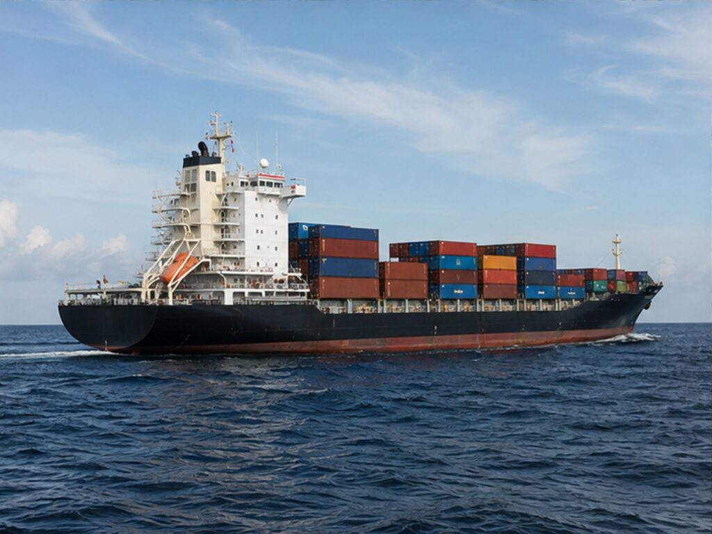 Modern container cargo ship at sea with a small passenger accommodation block