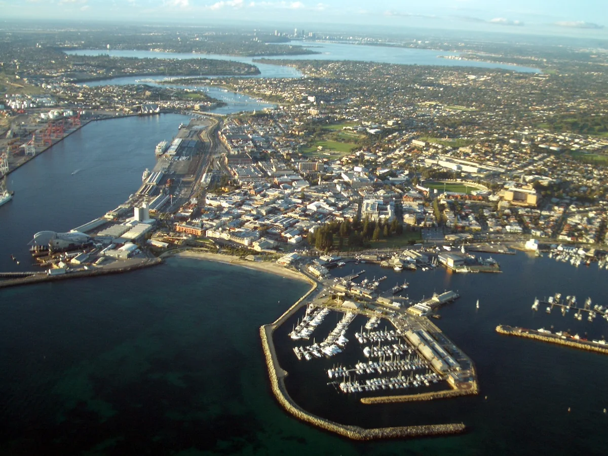 Aerial view of Fremantle Harbour, Victoria Quay, and the city